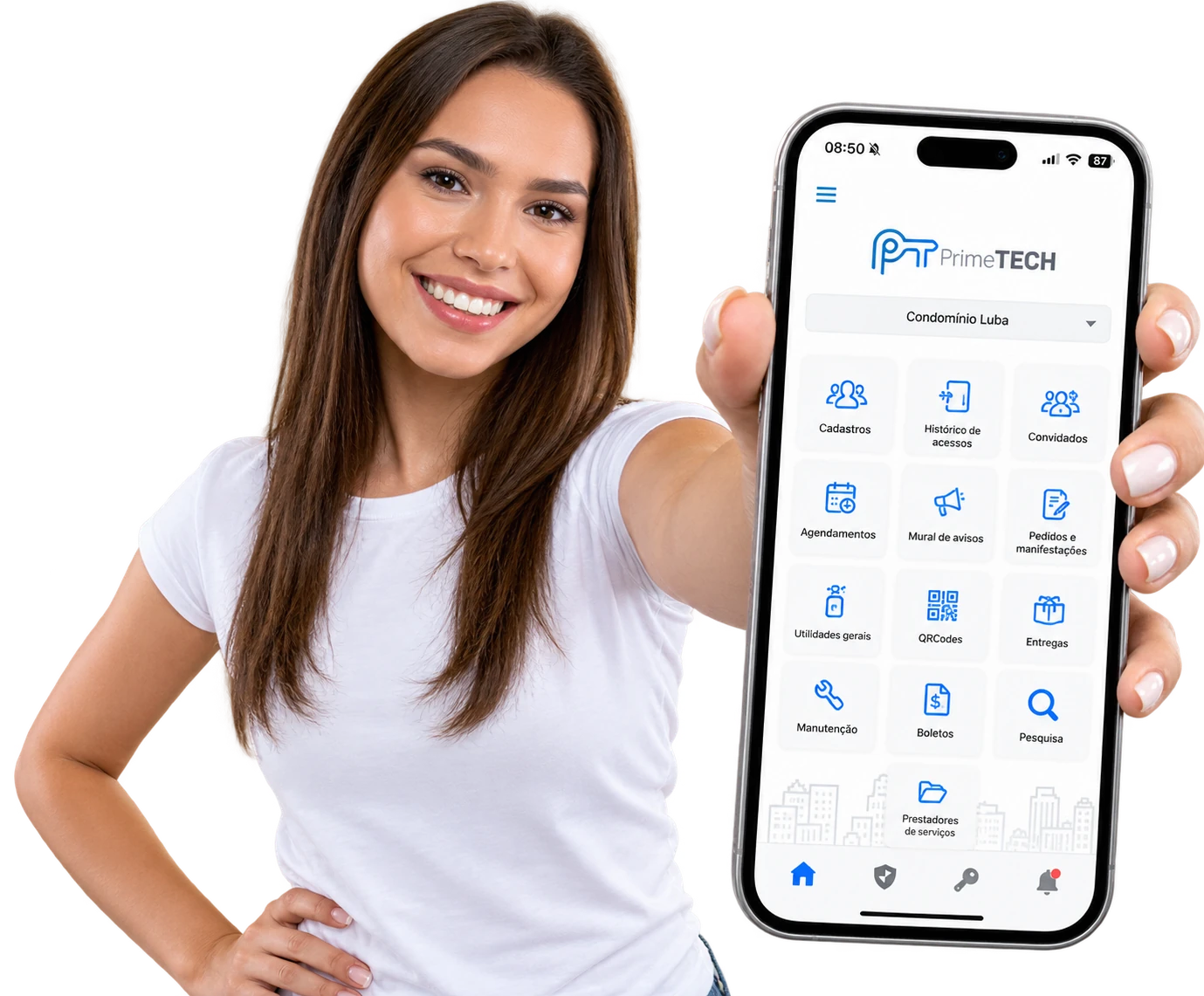 Moradora apresenta o aplicativo PrimeTECH para condomínios com convites, agendamentos, avisos, entregas e boletos