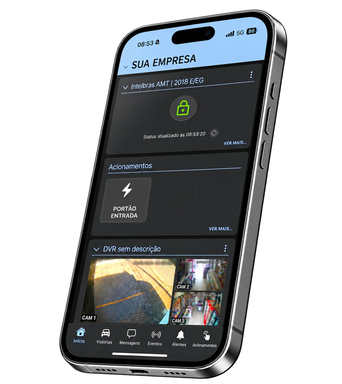Aplicativo PrimeTECH para empresas com acionamento de portão e visualização de câmeras