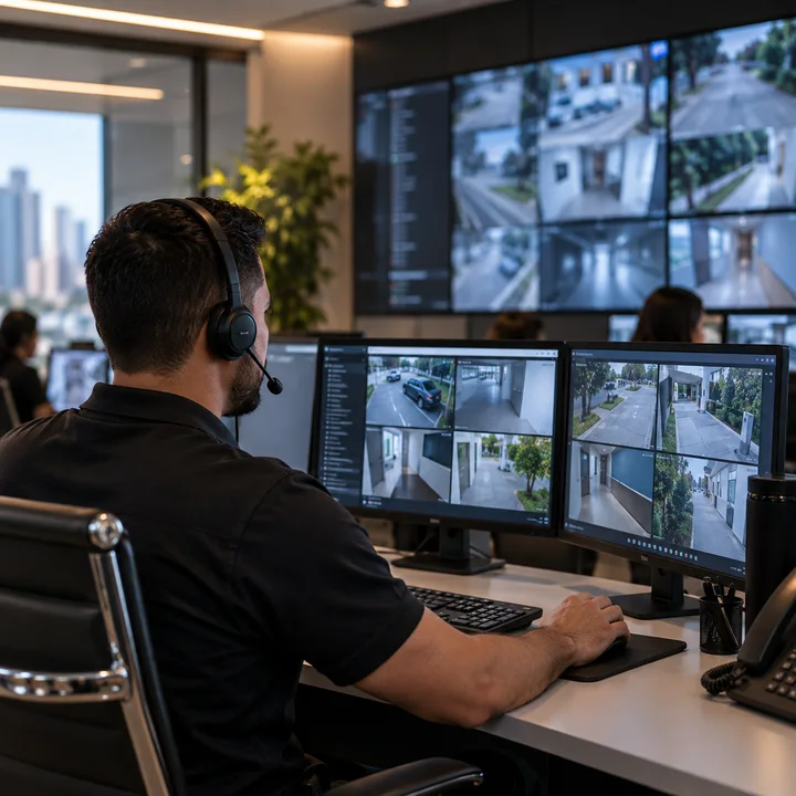 Operador acompanhando as imagens na central de monitoramento
